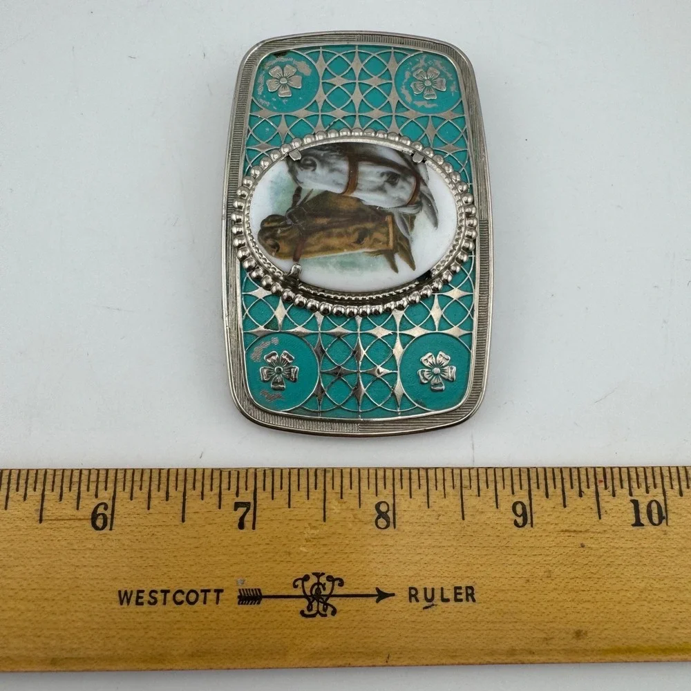 Belt Buckle Teal Western Equestrian Horse Cameo Enamel Floral